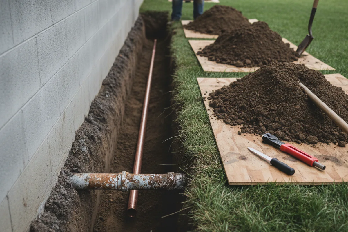Excavated water line trench during Sewer Line Repair in Algonquin